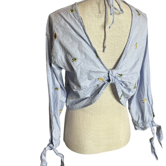 Light Blue Long Sleeve Crop Top Banana/Avocado Embroidery  Open Back  Womens S - Picture 5 of 14
